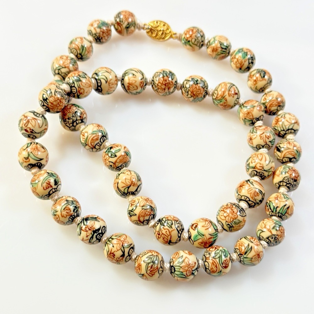 Vintage Chinese Export Necklace Painted Ceramic Bead Knotted Floral 25"